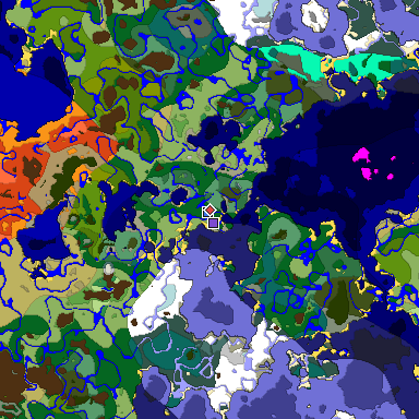 Predicted biome map of Java 1.19.2 seed -3109332744970811418 around estimated spawn
