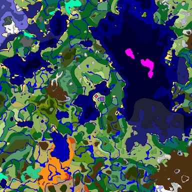 Predicted biome map of Java 1.19.2 seed 2151331243383590205 around estimated spawn