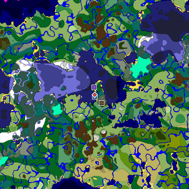 Predicted biome map of Java 1.19.2 seed -4499156753499958571 around estimated spawn