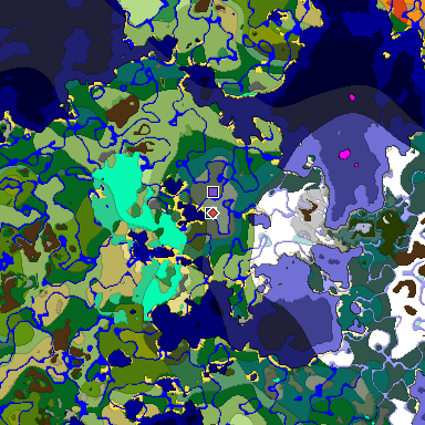 Predicted biome map of Java 1.19.2 seed 9162273699230840407 around estimated spawn