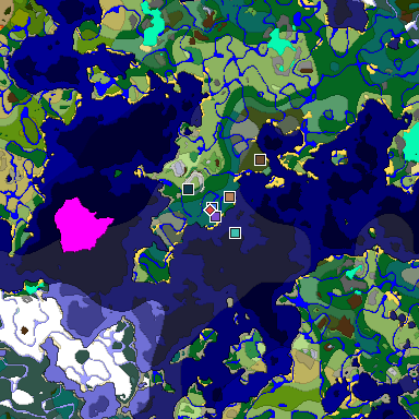 Predicted biome map of Java 1.19.2 seed -1369075343551687445 around estimated spawn