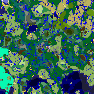 Predicted biome map of Java 1.19.2 seed 9105643677793883144 around estimated spawn