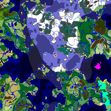 Predicted biome map of Java 1.19.2 seed -5817160478602467106 around estimated spawn