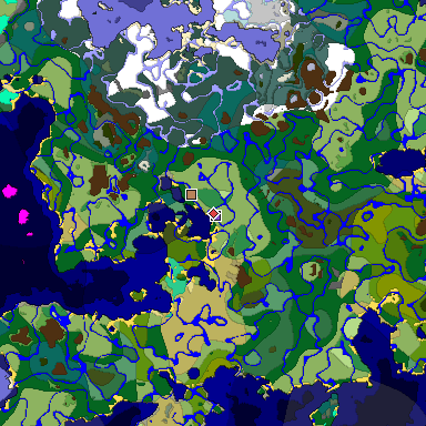 Predicted biome map of Java 1.19.2 seed -1240750549632714063 around estimated spawn
