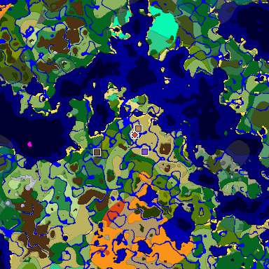 Predicted biome map of Java 1.19.2 seed -1277826606775707582 around estimated spawn