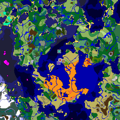 Predicted biome map of Java 1.19.2 seed -1398416412182444919 around estimated spawn
