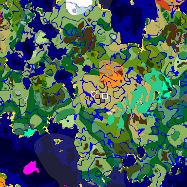 Predicted biome map of Java 1.19.2 seed 9041680046561144319 around estimated spawn