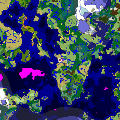 Predicted biome map of Java 1.19.2 seed 189279442882477585 around estimated spawn