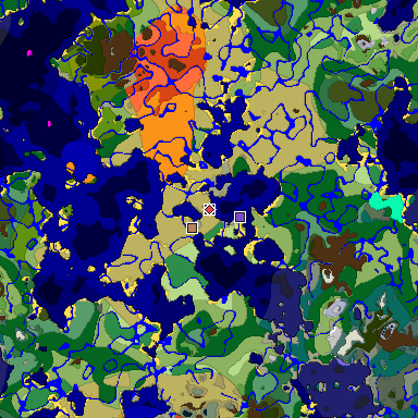 Predicted biome map of Java 1.19.2 seed -8277190659347293324 around estimated spawn