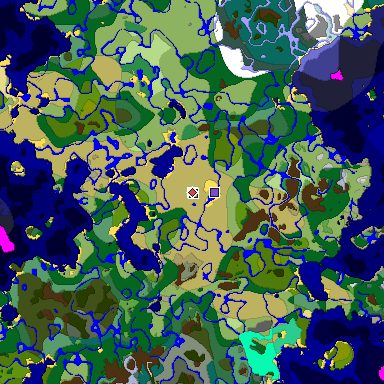 Predicted biome map of Java 1.19.2 seed 171295285323306174 around estimated spawn