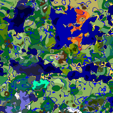 Predicted biome map of Java 1.19.2 seed 306477762335485439 around estimated spawn