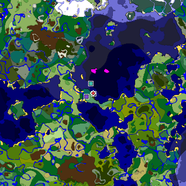Predicted biome map of Java 1.19.2 seed 9157585420447350422 around estimated spawn