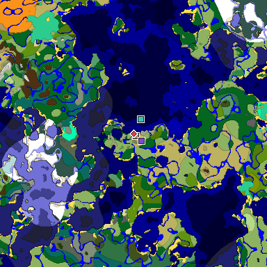 Predicted biome map of Java 1.19.2 seed 9129081881680073703 around estimated spawn