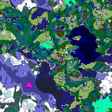 Predicted biome map of Java 1.19.2 seed -7343617399607905724 around estimated spawn