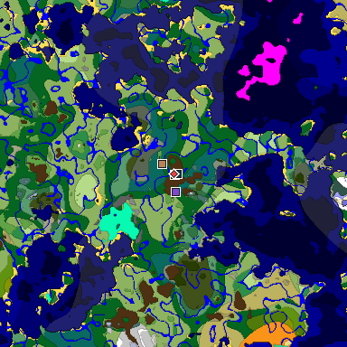 Predicted biome map of Java 1.19.2 seed 8700568299934381487 around estimated spawn