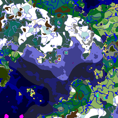 Predicted biome map of Java 1.19.2 seed 2981416718333985044 around estimated spawn