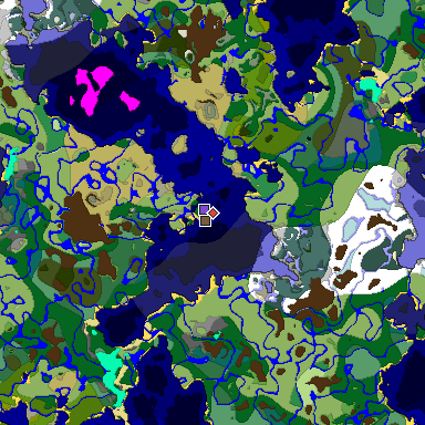 Predicted biome map of Java 1.19.2 seed -5757456723795578182 around estimated spawn