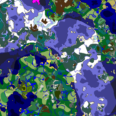 Predicted biome map of Java 1.19.2 seed 8430805482640328539 around estimated spawn