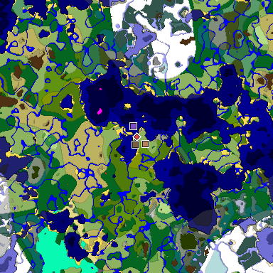 Predicted biome map of Java 1.19.2 seed 7285769929964185565 around estimated spawn
