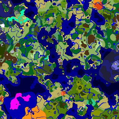 Predicted biome map of Java 1.19.2 seed 3388635485224830300 around estimated spawn