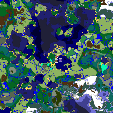 Predicted biome map of Java 1.19.2 seed 350280441313259325 around estimated spawn