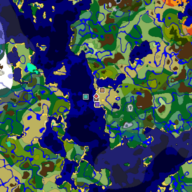 Predicted biome map of Java 1.19.2 seed -3695624565176597842 around estimated spawn