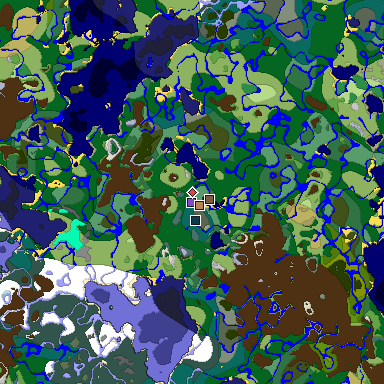 Predicted biome map of Java 1.19.2 seed -2197476862407446418 around estimated spawn