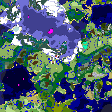 Predicted biome map of Java 1.19.2 seed 7795683374944439551 around estimated spawn