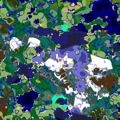 Predicted biome map of Java 1.19.2 seed 2072169666152617448 around estimated spawn