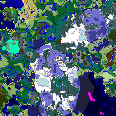 Predicted biome map of Java 1.19.2 seed 6960052408474445750 around estimated spawn