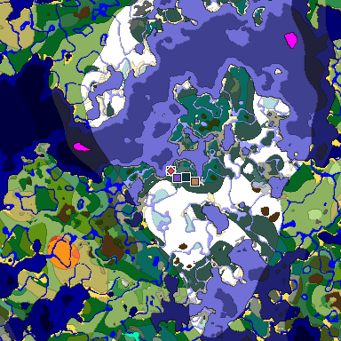 Predicted biome map of Java 1.19.2 seed 8953074088853546266 around estimated spawn