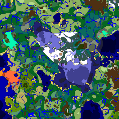 Predicted biome map of Java 1.19.2 seed 7291012281635382908 around estimated spawn