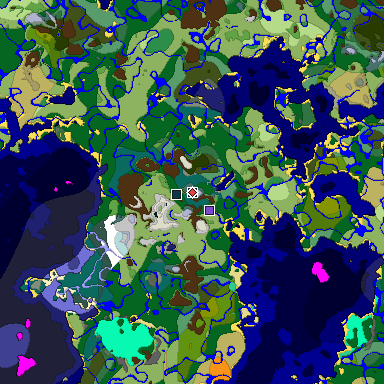 Predicted biome map of Java 1.19.2 seed -5026443711567920031 around estimated spawn