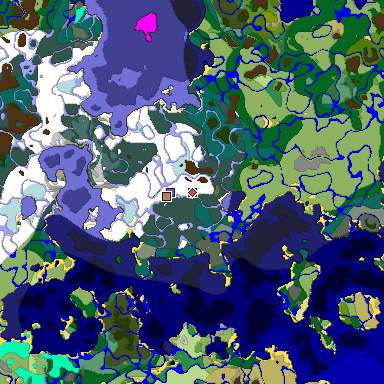 Predicted biome map of Java 1.19.2 seed 5587337014325435809 around estimated spawn