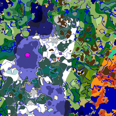 Predicted biome map of Java 1.19.2 seed -1365924370400083070 around estimated spawn