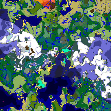 Predicted biome map of Java 1.19.2 seed -3269229400324139500 around estimated spawn