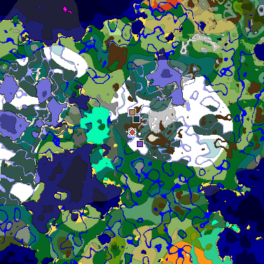 Predicted biome map of Java 1.19.2 seed 2537372632324893869 around estimated spawn