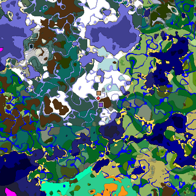 Predicted biome map of Java 1.19.2 seed 5487286595180986739 around estimated spawn