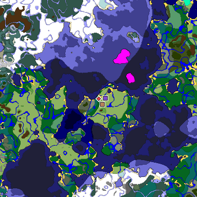 Predicted biome map of Java 1.19.2 seed -2643847613520040396 around estimated spawn