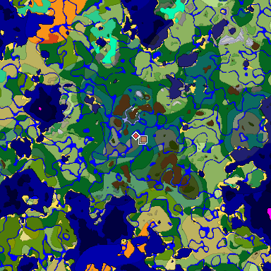 Predicted biome map of Java 1.19.2 seed 4835017097976956616 around estimated spawn