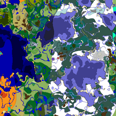 Predicted biome map of Java 1.19.2 seed 2871224279624352631 around estimated spawn