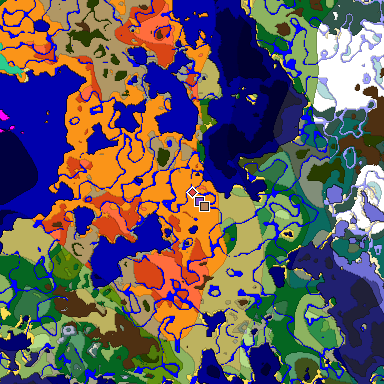 Predicted biome map of Java 1.19.2 seed -3447245530050989576 around estimated spawn
