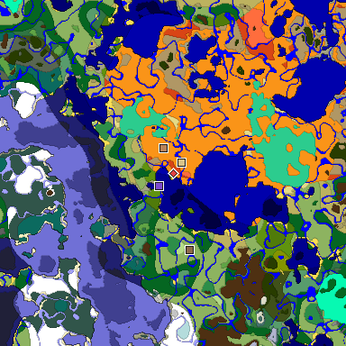 Predicted biome map of Java 1.19.2 seed -3648086393025332613 around estimated spawn