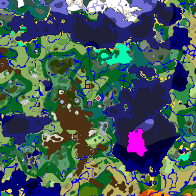 Predicted biome map of Java 1.19.2 seed -8877154859781491692 around estimated spawn