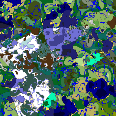 Predicted biome map of Java 1.19.2 seed -4069929461895606421 around estimated spawn