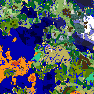 Predicted biome map of Java 1.19.2 seed 7377980250845766325 around estimated spawn