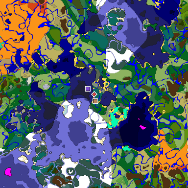 Predicted biome map of Java 1.19.2 seed -5347279638869961845 around estimated spawn