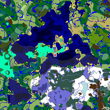 Predicted biome map of Java 1.19.2 seed 7566650504018021749 around estimated spawn