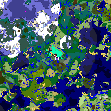 Predicted biome map of Java 1.19.2 seed -1012452626038565679 around estimated spawn