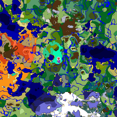 Predicted biome map of Java 1.19.2 seed 7765014589188007705 around estimated spawn